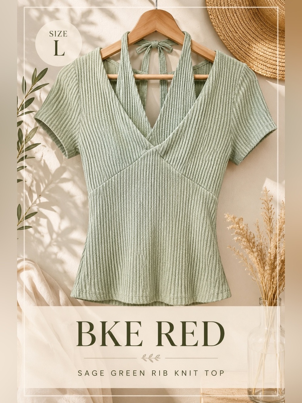 BKE Red Sage Rib Knit Halter Neck Top Size Large